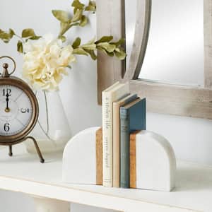 White Ceramic Marble Bookends with Wood Details (Set of 2)