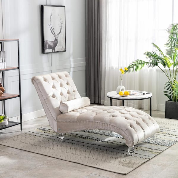 Beige Velvet Upholstered Tufted Ons Chaise Lounge Chair Indoor For Bedrooom Living H525 Clch Bge The