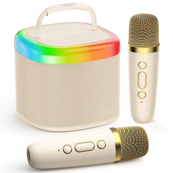 Mini Karaoke Speaker with 2 Wireless Microphones and Party Lights, Portable Bluetooth Unpowered Cabinets, Beige
