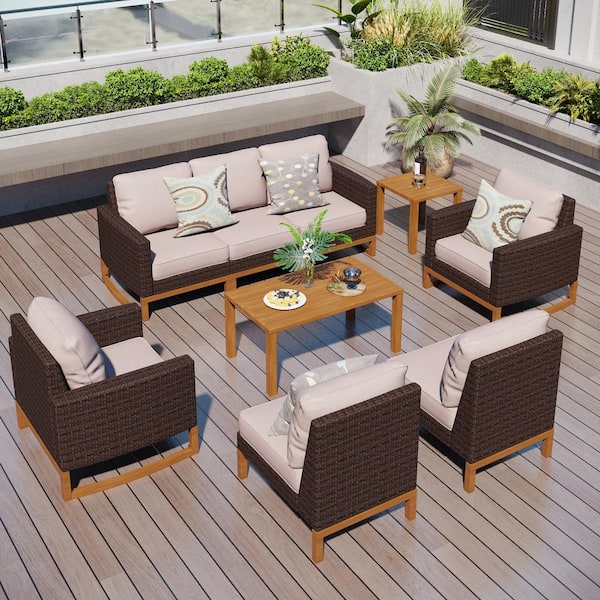 PHI VILLA Metal 7 Seat 9-Piece Rattan Wicker Steel Outdoor Patio Conversation Set With Beige Cushions and Wood-Colored Table