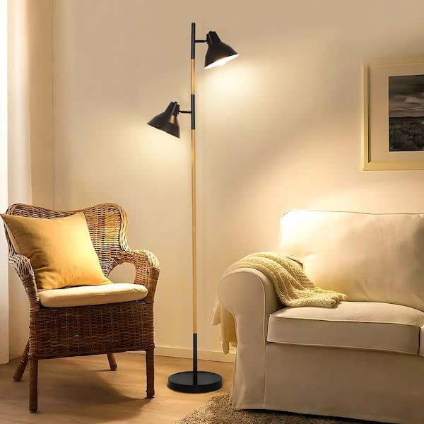 TOZING 64 in. Modern Wooden Grain Finish 2-Light LED Energy Efficient Tree Floor Lamps with 2 Black Adjustable Horn Lamp Shapes