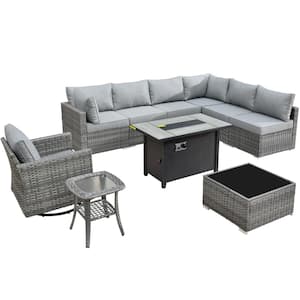 Messi Gray 10-Piece Wicker Outdoor Patio Conversation Sectional Sofa Set with a Metal Fire Pit and Dark Gray Cushions