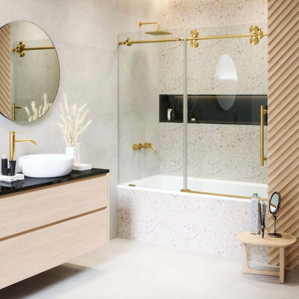 FINE FIXTURES 60 in. W x 66 in. H Sliding Tub Door Frameless in Brass Finish with Tempered Clear Glass
