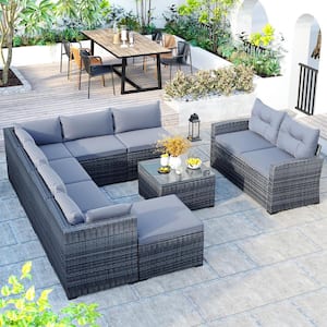 Gray 9-Piece Wicker Patio Outdoor Conversation Set with Gray Cushions