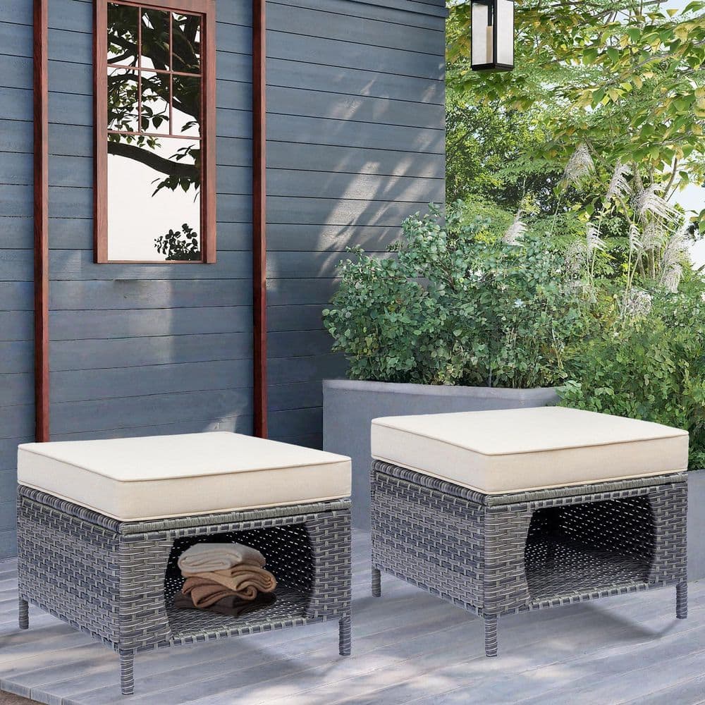 Gray Wicker Outdoor Patio Ottoman with Storage and Beige Cushions (Set of 2) price history on PriceWatchPro
