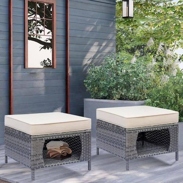 Xingzjojor Gray Wicker Outdoor Patio Ottoman with Storage and Beige Cushions (Set of 2)