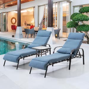 3-Piece Metal Adjustable Outdoor Chaise Lounge with Dark Blue Cushions and Side Table