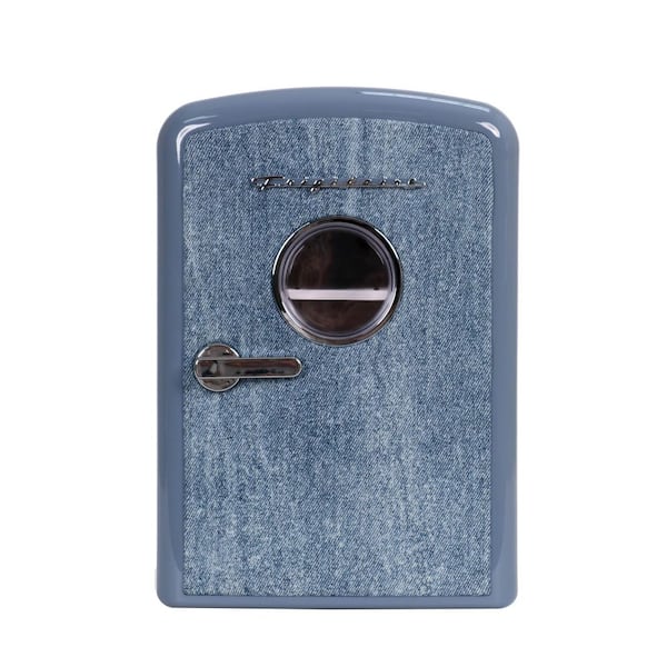 7 in. 1 cu. ft. Retro Mini Refrigerator Cooler, Holds 9-Cans, Portable-Car, Office, Bedroom, Dorm, Light Denim