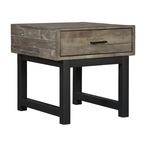 Benjara 24.13 in. Brown and Black Square Wood End Table with 1-drawer