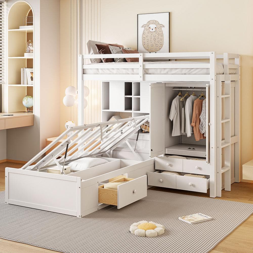 White Twin Size Bunk Bed with Wardrobe, Drawers, Shelves and Hydraulic Design price history on PriceWatchPro