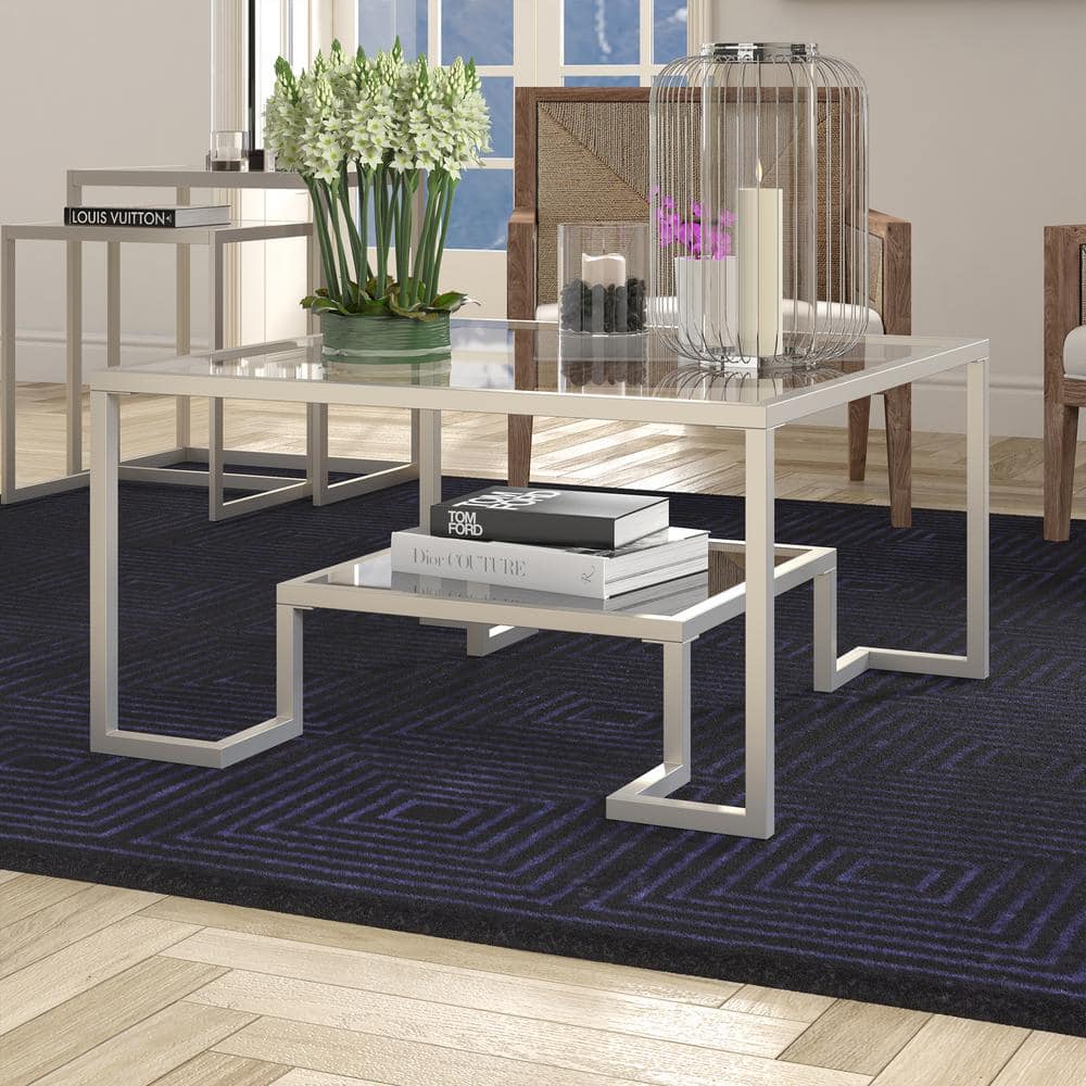 Athena 32" Satin Nickel Square Metal Coffee Table with Glass Shelves