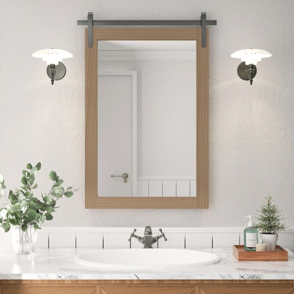 PRIMEPLUS 18 in. W x 26 in. H Medium Rectangle Mirror Wood Framed Wall Mirror Bathroom Mirror Vanity Mirror Accent Mirror in Brown