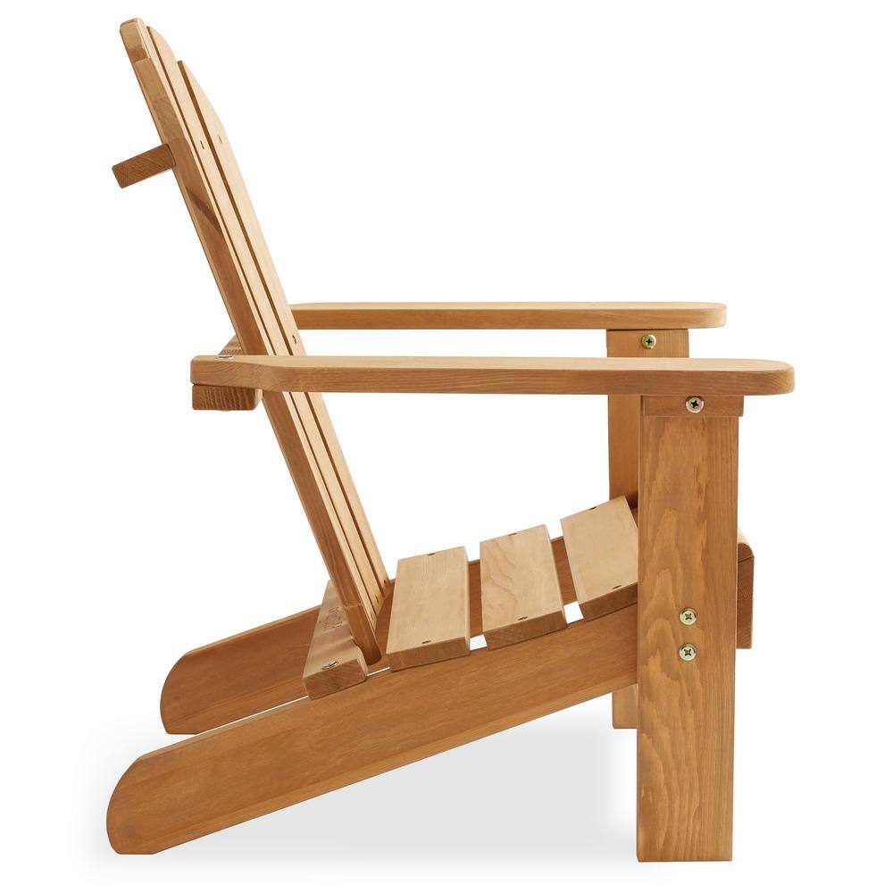 Side profile view of a light brown wooden Adirondack chair.