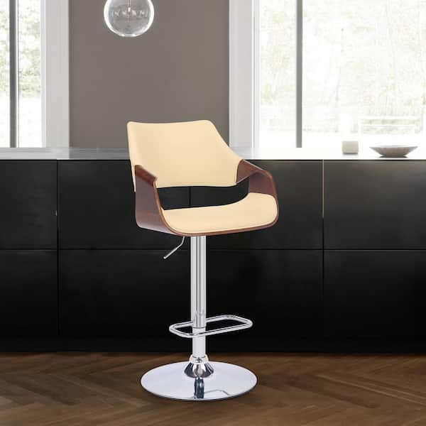 Armen Living Aspen Adjustable 25-33 in. Cream/Chrome High Back Walnut Wood Swivel Bar Stool with Faux Leather Seat
