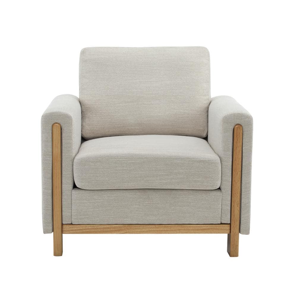 Beige Upholstered Barrel Accent Chair with Natural Wood Frame