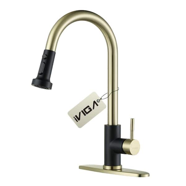 IVIGA Single Handle Pull Down Sprayer Kitchen Faucet with 3-Modes Advanced Spray and Deck Plate in Black and Gold