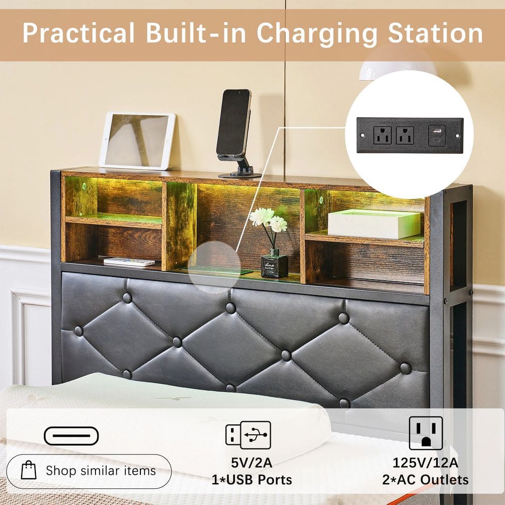 Bed Frame with Headboard, Brown Metal Frame Queen Platform Bed with USB Charging, LED Lights, No Box Spring Needed - thumbnail 2