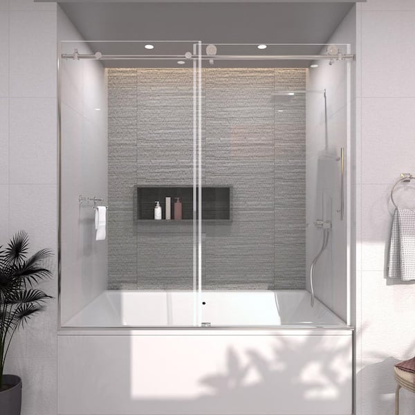 60 in. W. x 60 in. H Sliding Semi Frameless Tub Door in Chrome Finish with Clear Glass