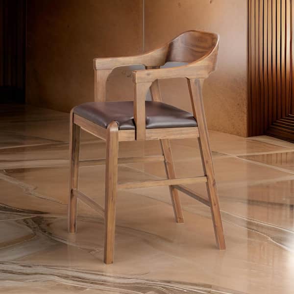 Benjara 24 in. Brown Low Back Wood Frame Bar Stool with Faux Leather Seat