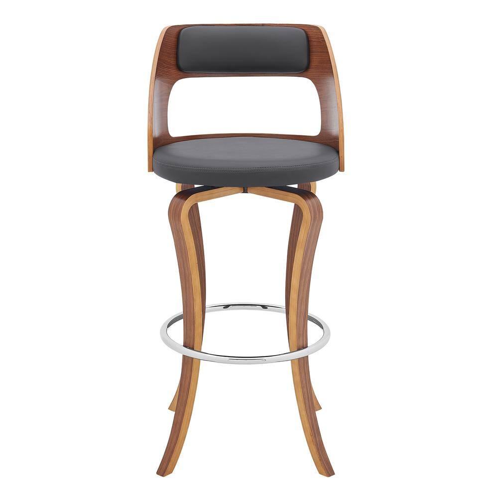 Grady 30" Gray Faux Leather & Walnut Wood Contemporary Swivel Bar Stool