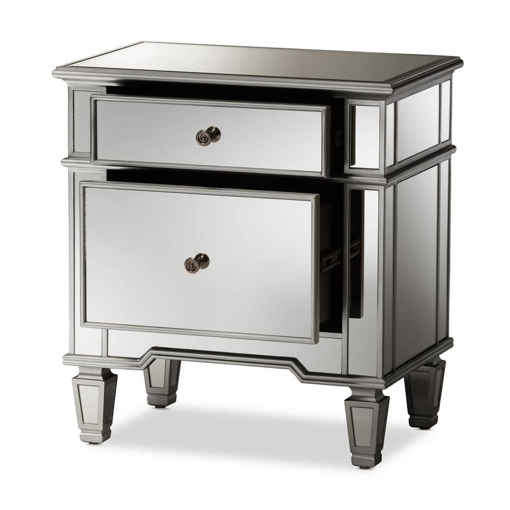 Sussie Hollywood Glam Mirrored 2-Drawer Nightstand with Bronze Hardware