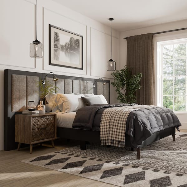 Furniture of America Thease Brown Wood Frame Eastern King Panel Bed with Extended Wall Panel and LED on Headboard