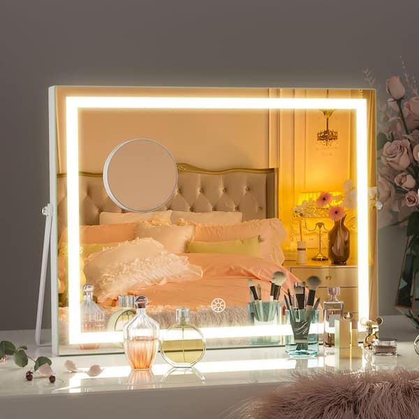 Vosuja White 14 in W x 11 in. H Rectangle LED Makeup Mirror with 5X Magnifying Glass Vanity Mirror with Lights, 360°Rotation