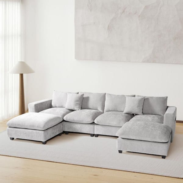 WESTINFURNITURE Lucca 128 in. Square Arm 6-Piece Plush Chenille Modular Sectional Sofa Ottoman Set with USB Charge Port in Light Gray