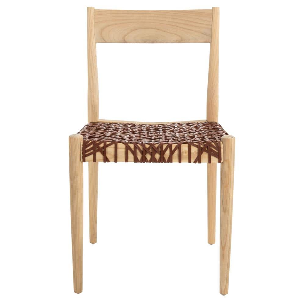 Chic Cognac Woven Leather & Natural Wood Dining Chair Set