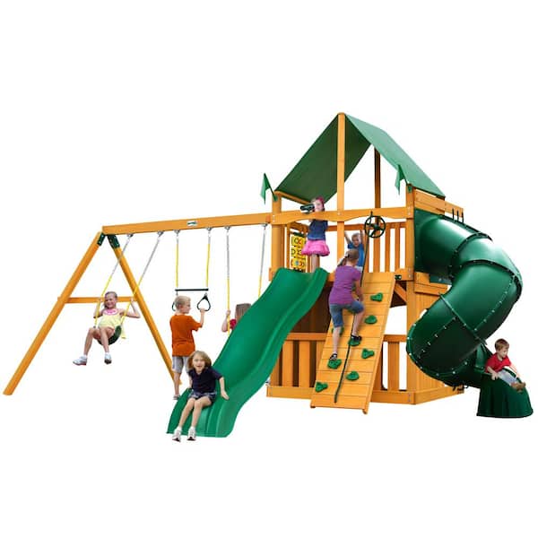 Gorilla Playsets Mountaineer Clubhouse Wooden Outdoor Playset with Green Vinyl Canopy, Tube Slide, and Backyard Swing Set Accessories