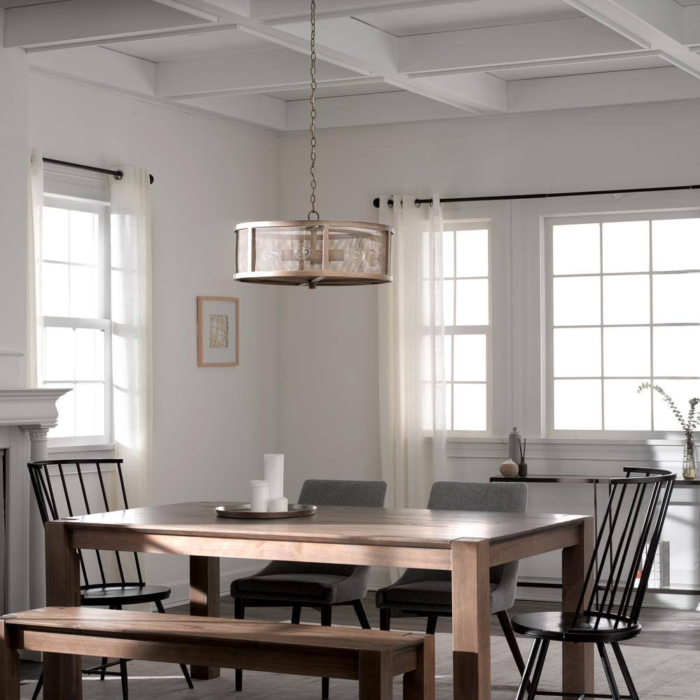 Rustic Farmhouse Woodgrain Metal Drum Chandelier with Mesh Sides