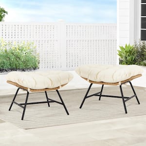 Metal PE Wicker Outdoor Ottoman with Beige Cushion (2-Pieces)