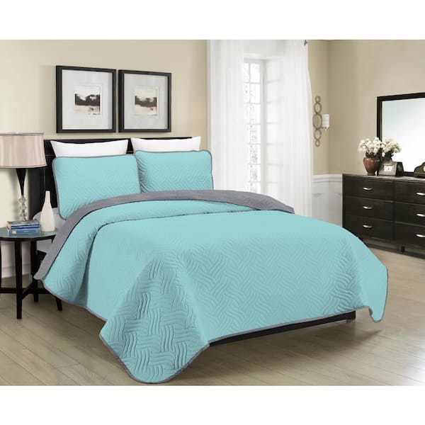 Morgan Home Mhf Home Allison Reversible 3-Piece Aqua and Grey King Quilt Set