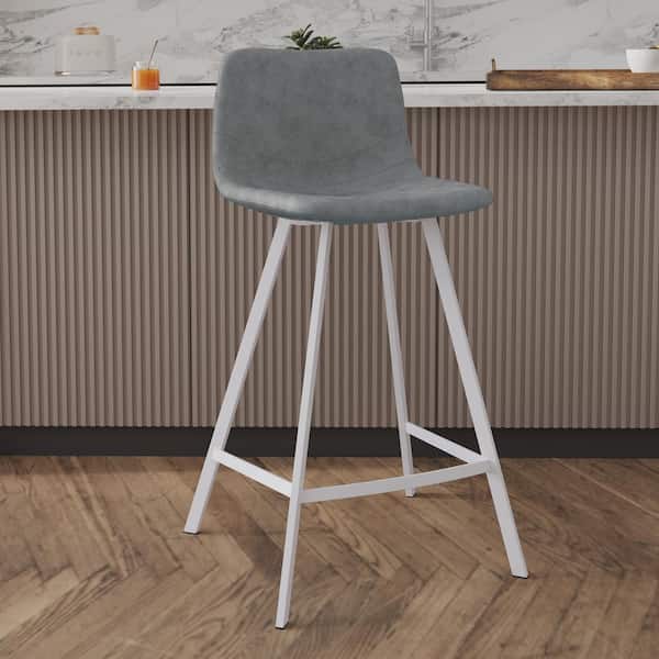 Elland 35 in. Leather Upholstery Counter Bar Stool in Black Stainless Steel for Indoor and Outdoor in Light Grey