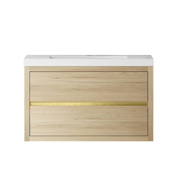 36 in. Wall-Mounted Natural Oak Bath Vanity with Glossy White Solid Surface Top Assembled