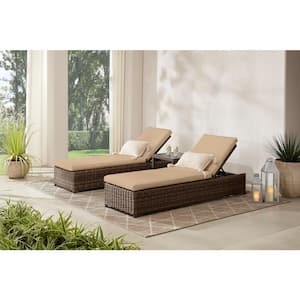 Fernlake Brown Wicker Outdoor Patio Chaise Lounge with Sunbrella Beige Tan Cushions