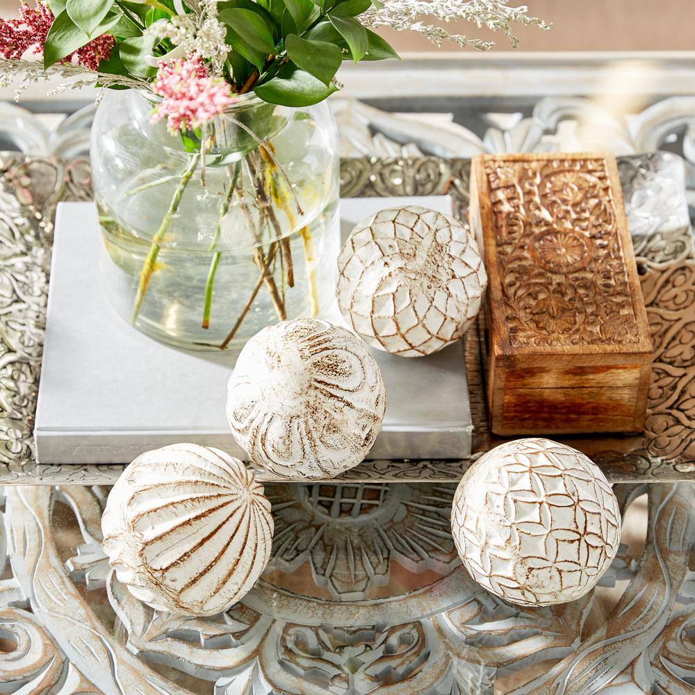 White and Gold Ceramic Carved Decorative Orbs, Set of 4