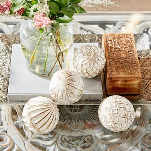 White Handmade Ceramic Carved Orbs & Vase Filler with Varying Patterns (4- Pack)