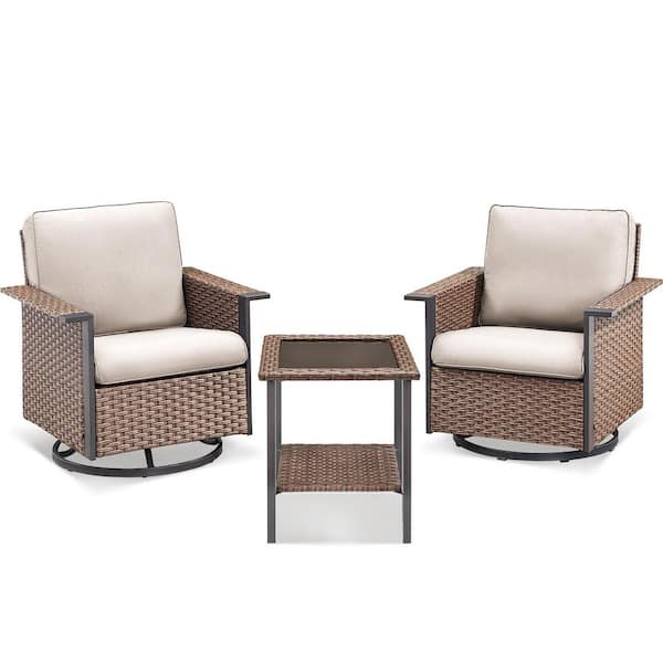 3-Piece Wicker Patio Conversation Outdoor Rocking Chairs and Side Table with Beige Cushions