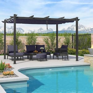 10 ft. x 13 ft. Gray Aluminum Frame Outdoor Pergola Gazebo with Blue Retractable Sun Shade Canopy and Extra Top Roof