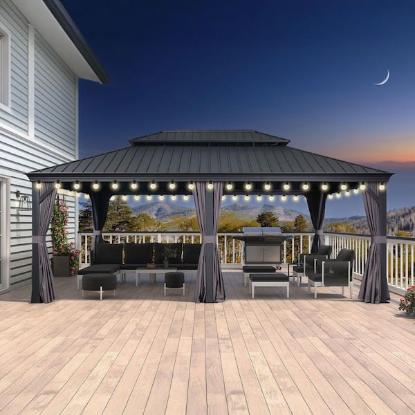 14 ft. x 20 ft. Gray Patio Outdoor Gazebo for Backyard Hardtop Aluminum Frame with Hooks, Netting, Curtain 48-Lights