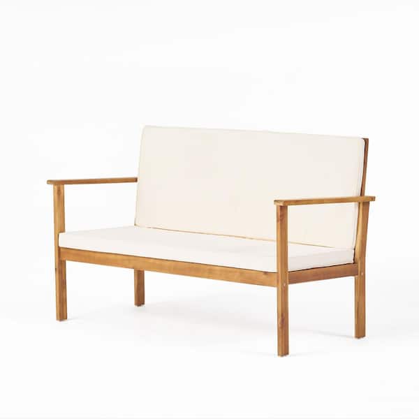 Zeus & Ruta Brown Wood Outdoor Patio Loveseat with Beige Cushions for Garden, Backyard, Balcony and Poolside