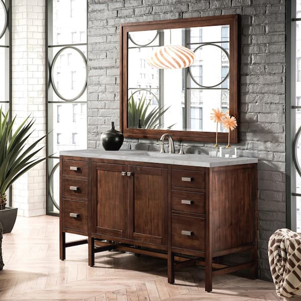 James Martin Vanities Addison 60.0 in. W x 23.5 in. D x 35.5 in. H Single Vanity Mid-Century Acacia and Victorian Silver Quartz Top