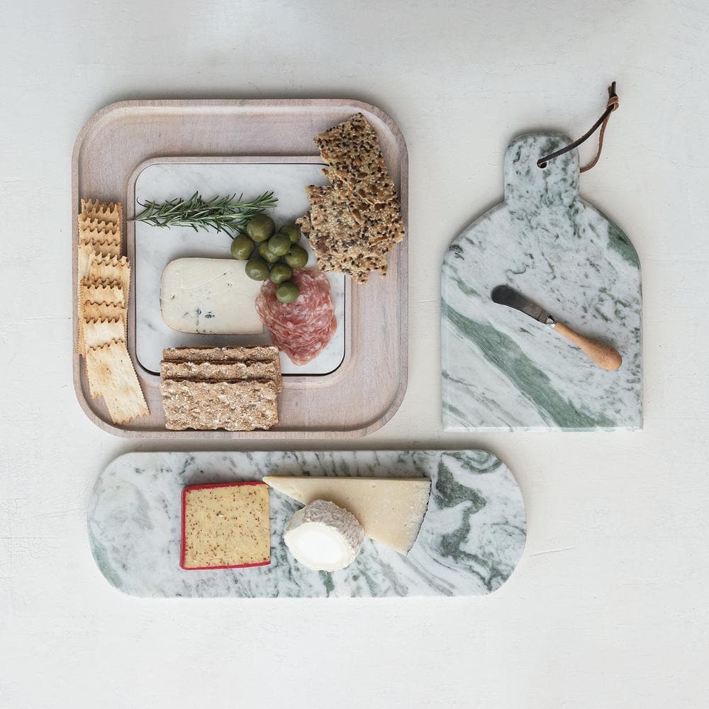 13.5" White Marble and Mango Wood Square Cutting Board Set