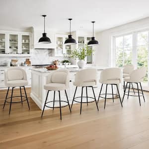 39 in. Linen Fabric Swivel Bar Stool Upholstered Metal Frame Counter H8 Barstools with Round Footrest Set of 6