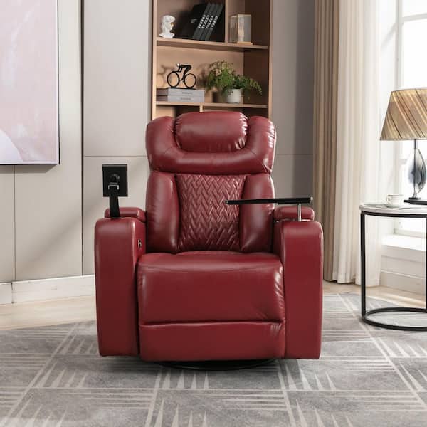 270 Degree Swivel Red PU Leather Recliner with Phone and Cup Holder, Hidden Arm Storage and USB Port