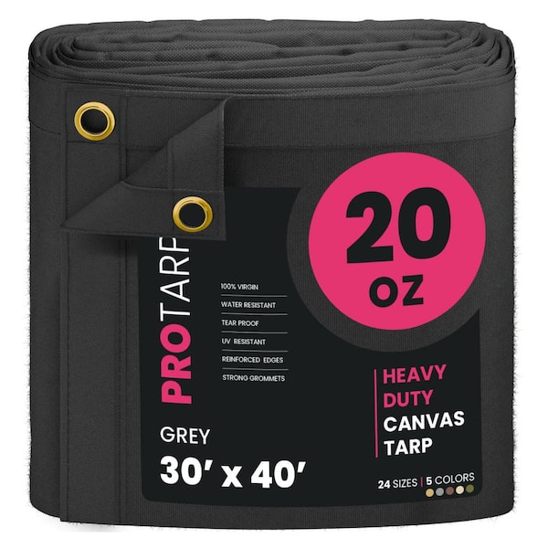 Extreme Heavy Duty 20 oz. Water Resistant Canvas Tarp, UV Resistant Tarpaulin Cover Grey 30 ft. x 40 ft.