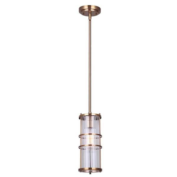 CANARM Lynah 1-Light Gold Pendant with Clear Ribbed Glass Shade
