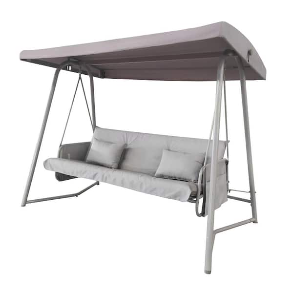 Miscool Anky 7.8 ft. 3-Person Free Standing Metal Frame Hanging Patio Swings Hammock Chair with Adjustable Canopy Beige Cushions