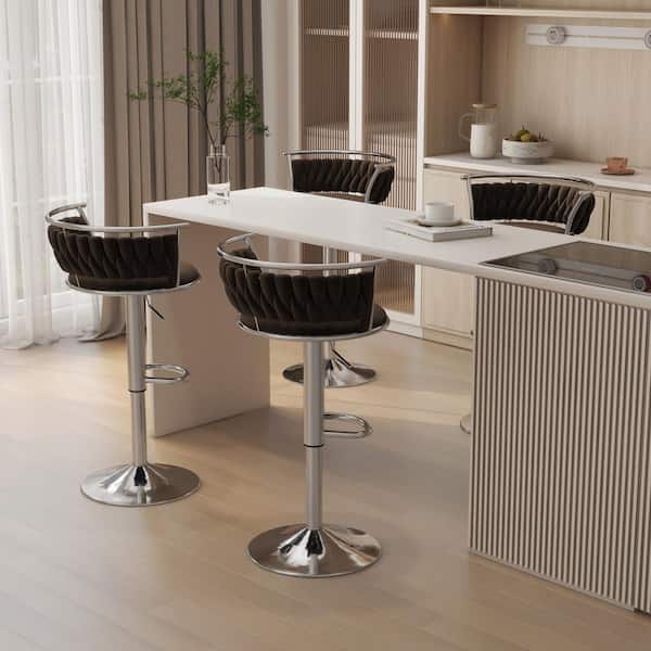 Uixe 38.5 in. Modern Silver Metal Frame Low Back Swivel Adjustable Height Bar Stool with Coffee Velvet Seat (set of 4)